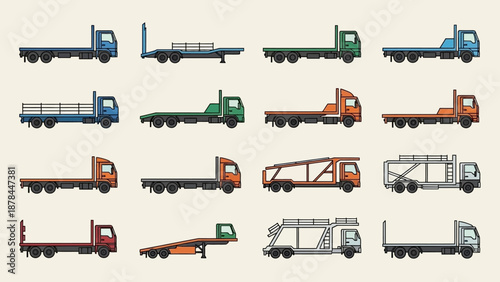 Set of Flatbed Trucks and Trailers, Pixel Art Style