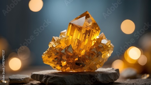 A golden-colored crystal formation displayed on a dark surface with soft bokeh lighting.