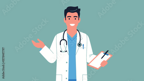 Smiling Male Doctor with Stethoscope and Clipboard, Medical Professional Illustration