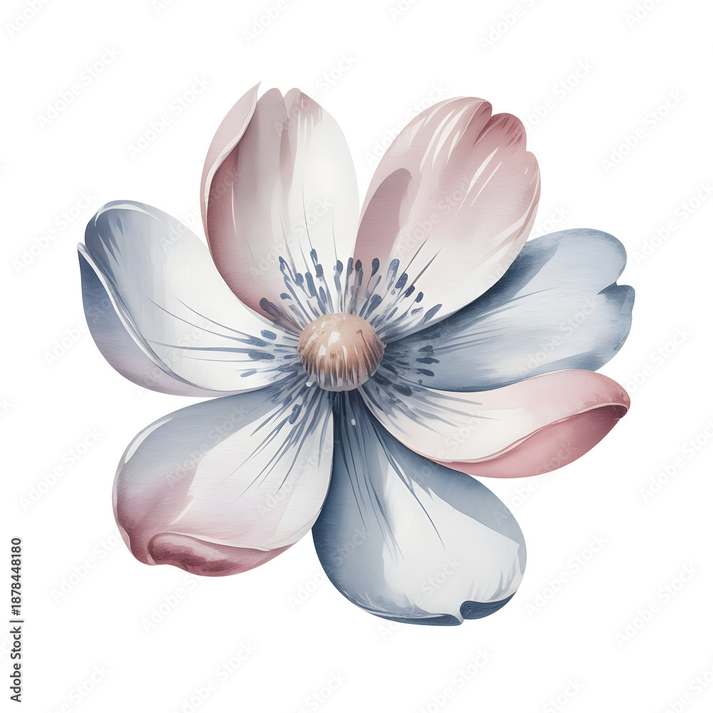 Obraz premium Soft watercolor style flower with pink and blue pastel petals, featuring transparency and PNG with alpha channel for delicate artistic compositions.
