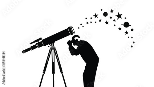 Person gazes through telescope, discovering a universe of stars and imagination.