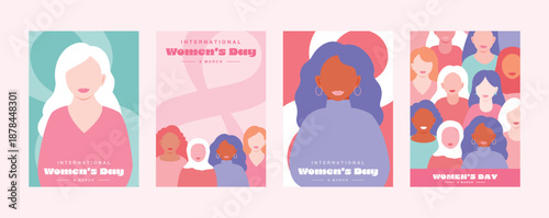 女性デー・国際女性デーの縦長ポスターテンプレート:正面の女シルエット:背景デザイン