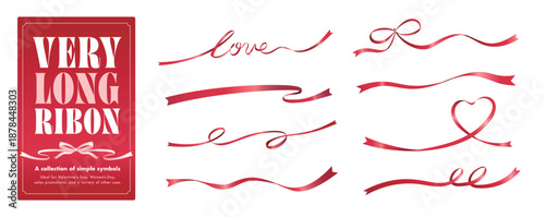 バレンタインの赤いハート型フレームや波打つ曲線の帯リボンがループする線のデザイン、LOVEのリボンセット