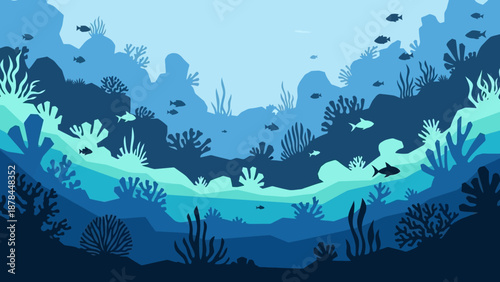 Underwater Ocean Landscape with Coral Reef and Fish