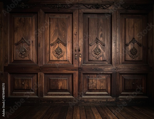 Ornate Wooden Doors with Detailed Carvings in a Rustic Style