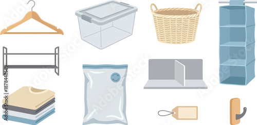 Minimalist closet wardrobe organization icons flat vector pack with wooden hanger plastic storage bin wicker basket fabric shelf organizer shoe rack folded shirts vacuum bag divider label tag and wall