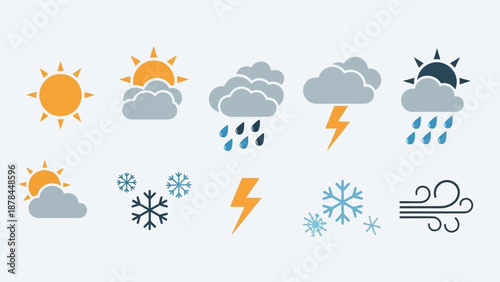 Weather Icons: Sun, Clouds, Rain, Snow, Thunderstorm, Wind, Lightning