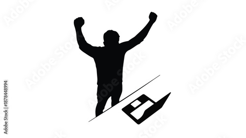 Silhouette of a triumphant person raising arms with a stylized graphic element symbolizing achievement