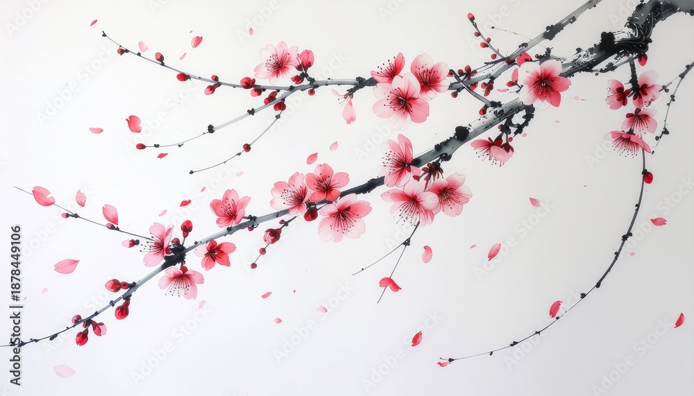 Obraz premium 墨絵風に舞う日本の桜吹雪の背景