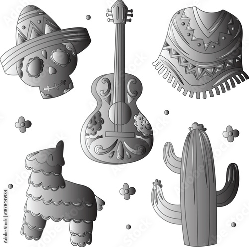 Black-and-white Mexican heritage icons: sombrero skull, ornate guitar, piñata, cactus, and festive poncho eps file 
