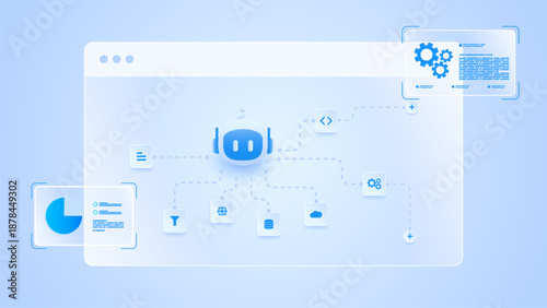 AI workflow automation artificial intelligence. ai agent workflow diagram dashboard machine learning showing node input, automation step, ai model and process flow.