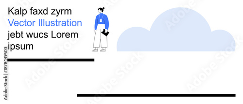 Technology integration, cloud storage, business presentation, information visualization, modern design, communication. Person with a document and cloud icon in clean, uncluttered format. Cloud