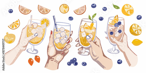 Hands holding glasses of refreshing summer drinks with fruits and berries