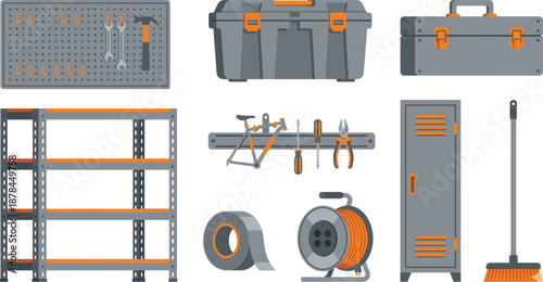 Garage utility room storage elements flat vector pack with pegboard four-tier shelving storage trunk tool box bicycle rack magnetic strip utility tape cord reel metal locker and shop broom