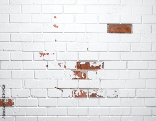 White Brick Wall with Peeling Paint and Exposed Red Bricks Texture