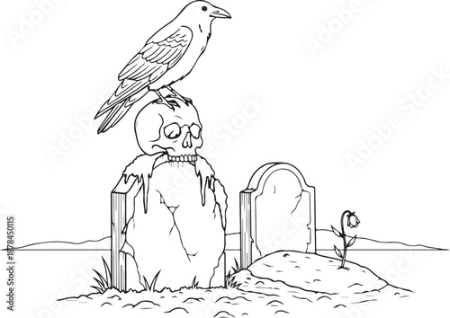 Spooky Cemetery Illustration with Crow, Skull, and Tombstones