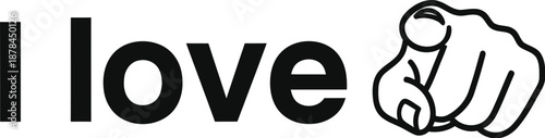 Black and white graphic design showing the text i love followed by a simple line art illustration of a pointing hand gesture