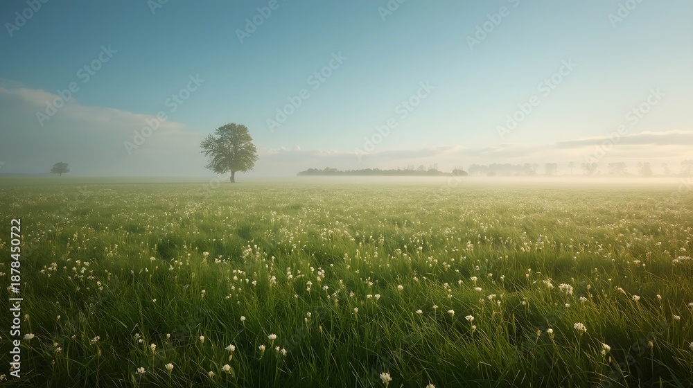 Fototapeta premium Serene landscape with tree and flowers in misty field at sunrise viewpoint