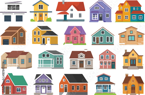 Cute Villa Cartoon Vector Icon Set  Residential Home Illustrations