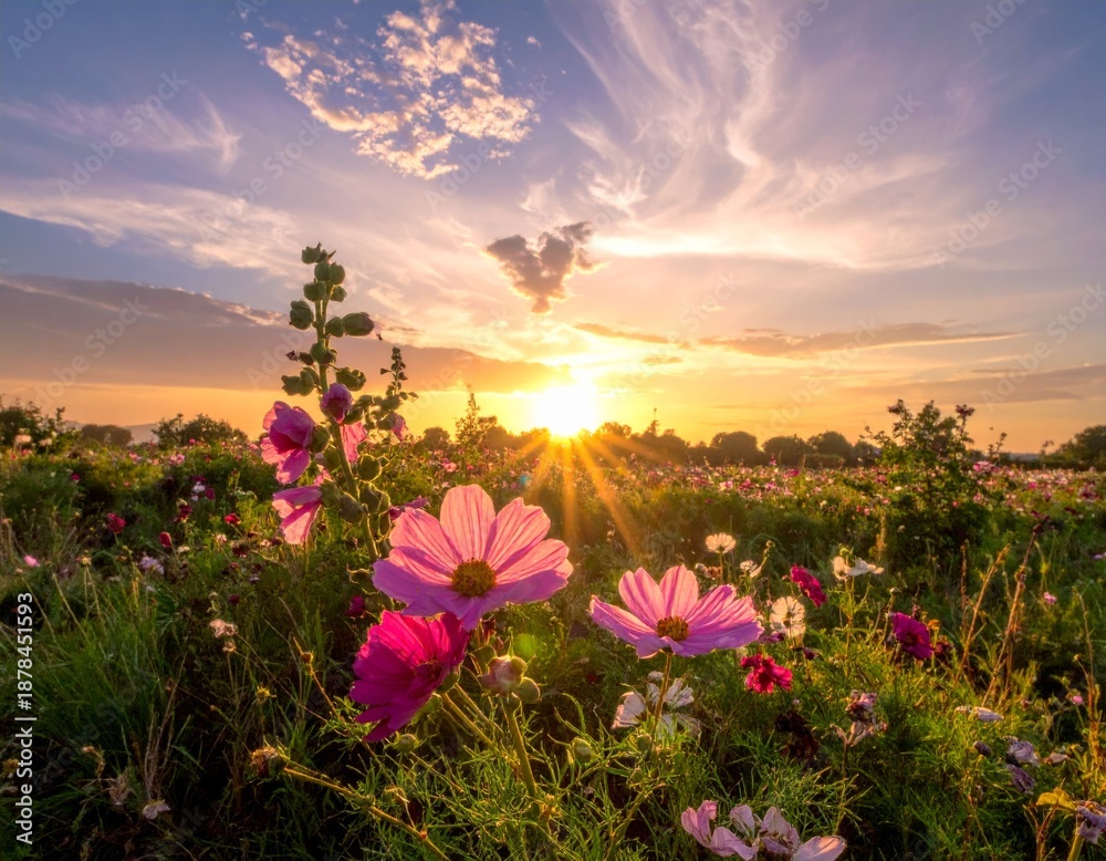 Obraz premium Sunrise Over Vibrant Wildflowers in Bloom Under Colorful Sky