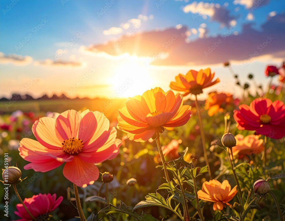 Obraz premium Vibrant Flowers in Bloom at Sunset with Colorful Sky