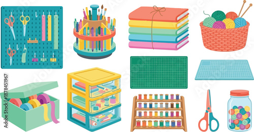 Hobby craft room organization tools flat vector pack with pegboard art carousel fabric bolts yarn basket ribbon box plastic drawers cutting mat thread rack scissors and glass jar of buttons in vibrant