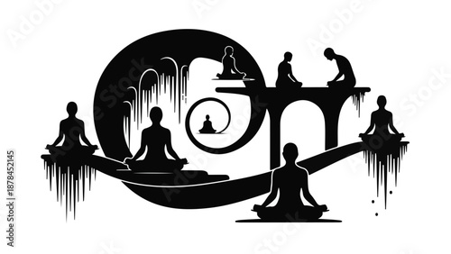 Silhouettes of people meditating in serene, stylized poses against a flowing, abstract background.
