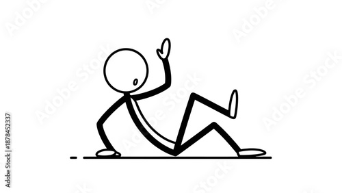 Simple stick figure sitting on the ground with one arm raised.