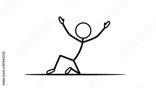 Simple stick figure kneeling with arms raised in joy or celebration.