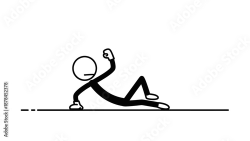 Simple stick figure exercising on the floor with a frown.