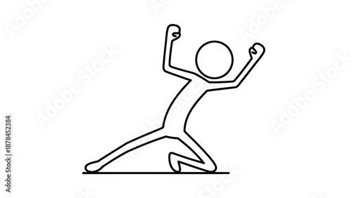 Simple line drawing of a person kneeling with arms raised in triumph.