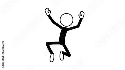 Simple black and white illustration of a person jumping with joy.