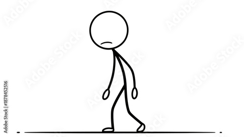 Simple stick figure walking with a sad expression on a white background.