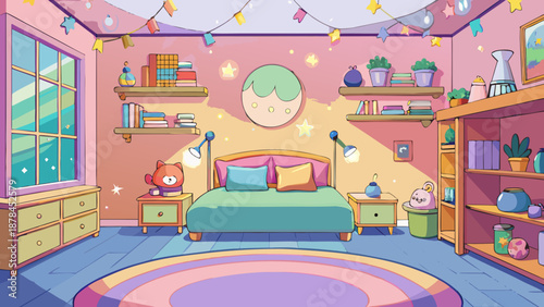 Warm cozy bedroom with string lights and bookshelf decor, creating relaxing atmosphere, soft glow lighting and peaceful home interior.