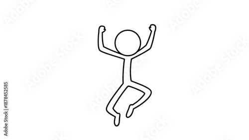 Simple line drawing of a person jumping with arms raised in joy.