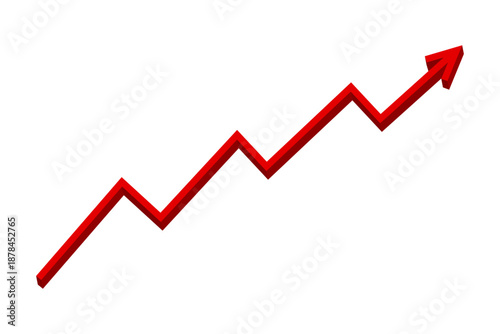 Red 3D fluctuated line arrow graph moving up concept of stock market business growth, increasing financial profit. Business grow up sign. Vector illustration.