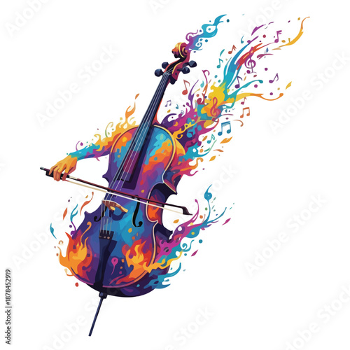 Vibrant Cello Melodies Ignited by Fiery Musical Notes and Abstract Colors