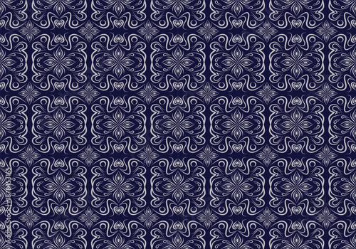 The exquisite seamless pattern is distinguished by silver embellishments on a dark blue background.