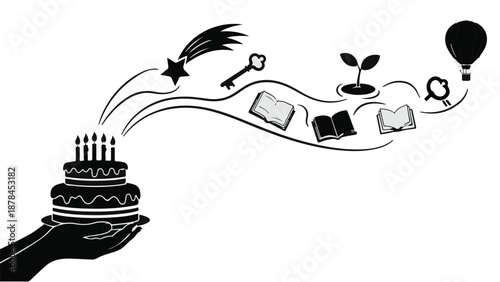 Celebration cake with symbols of dreams, knowledge, and adventure flowing out