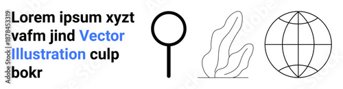 Digital media, education, business branding, minimalism, information design, creative layouts. Magnifying glass, abstract plant and globe with text. Digital media and education concept