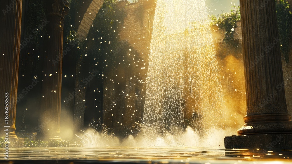 Fototapeta premium Ancient ruins bathed in golden sunlight, water cascading down. A serene, historical, and mystical atmosphere