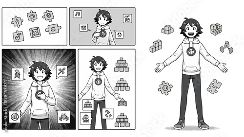 A comic strip of a smiling boy with puzzle pieces