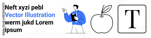 Education, design, corporate training, visual communication, graphic resources, content creation. Male instructor pointing with clipboard, apple icon text symbol. Education and design concept