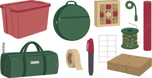 Seasonal holiday decoration storage icons flat vector pack with plastic tote bin wreath storage bag ornament box light spool wrapping paper tube tree duffel bag packing tape marker blank labels
