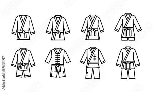Martial arts uniform icons collection of karate and judo gi apparel