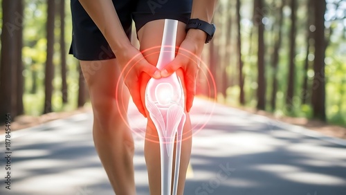 Athlete suffering from knee pain on a sunny park trail with an anatomical x-ray overlay showing the joint structure and inflammation
