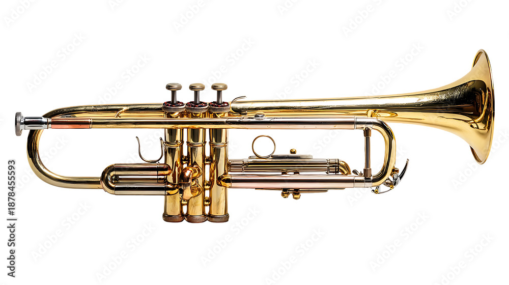 Obraz premium Shiny gold trumpet with valves and bell on transparent background