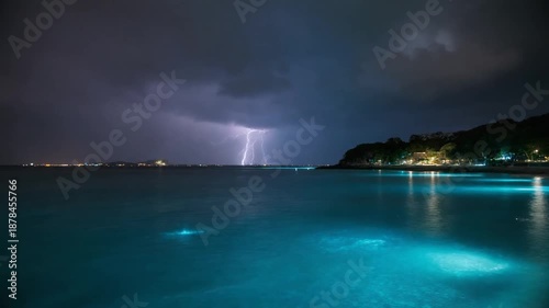 Bioluminescent Bay with Lightning Storm at Night.