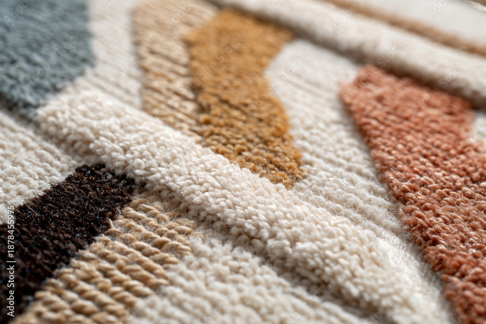 Fototapeta premium Vibrant textured rug with colorful geometric pattern closeup