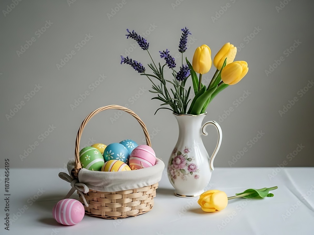 Obraz premium Easter eggs in basket with tulips and lavender.